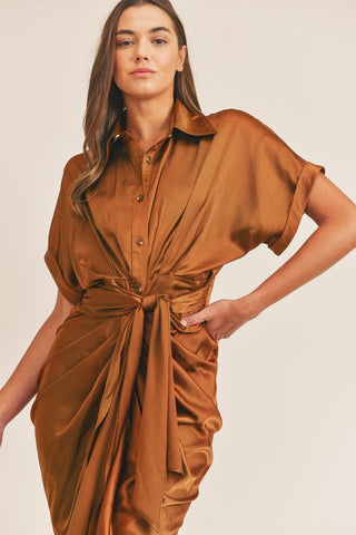 SS Button Down Satin Dress with Front Tie