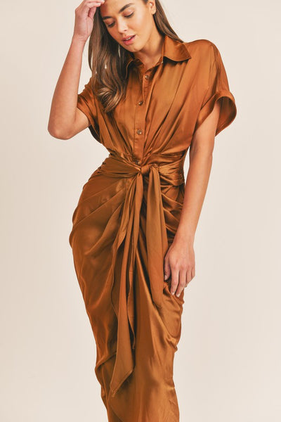 SS Button Down Satin Dress with Front Tie