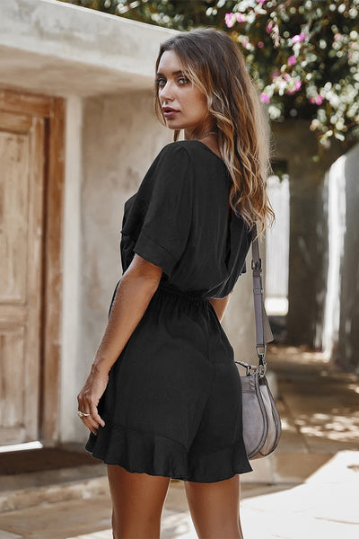 Black Short Sleeve Wide Leg Romper