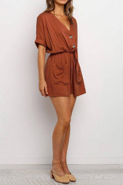 Chestnut V Neck Drawstring Loose Romper