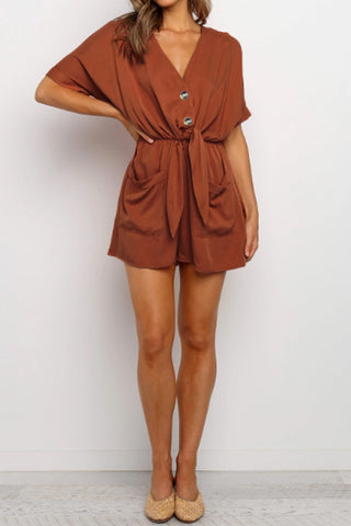 Chestnut V Neck Drawstring Loose Romper