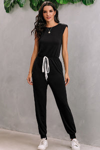 Drawstring Solid Crew Neck Jumpsuit