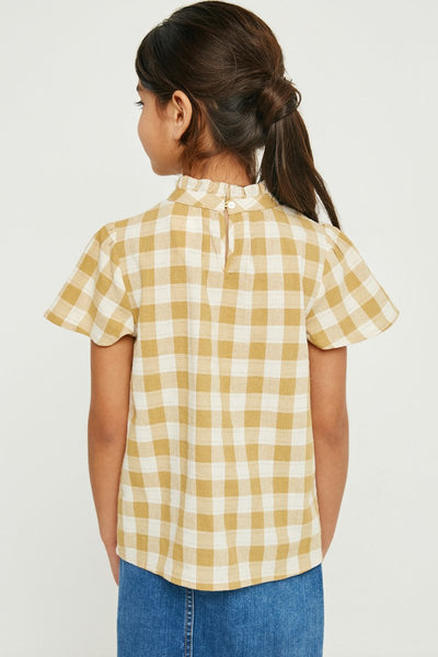 Gingham Plaid Ruffle Neck Blouse