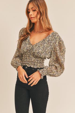 Smocked Floral Print Top