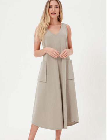 Taupe Midi Dress with Side Pockets